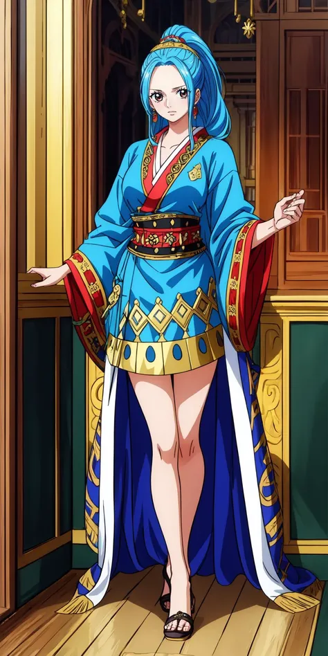 an illustration in the art-style of <lora:wanostyle_2_offset:0.8>,(wanostyle),One Piece,Eiichiro Oda,Toei Animation,((Masterpiece)),(best quality:1),(highly detailed:1),1girl, NefertariViviV3,blue hair,long hair,ponytail,high ponytail,dark brown eyes,fair skin,detailed eyes,beautiful face, <lora:NefertariViviV3:0.70>,standing pose,full body, [Paladin_glam armor|Moroccan caftan],shiny armor,armor decorated with jewels, paladin armor, <lora:Caftan_Couture:1>, Sultan palace,ornate background,arabian background,oriental palace background,arabian palace room,very detailed background, best quality, masterpiece, hires, original, extremely detailed wallpaper, perfect lighting,(extremely detailed CG:1.2),8k,intricate detail,trending on artstation,digital art, <lora:add_detail:0.5>,detailed,8k,