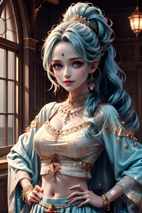 masterpiece, ultra detailed background, delicate pattern, intricate detail, highly detailed, fine details, best quality, studio lighting, front lighting, 4K, 8K, beautiful detailed eyes, medium breasts, NefertariViviV3,
1girl, (face to camera:1.2), (looking at viewer:1.2), portrait, close up,
(clean forehead:1.1), (forehead exposed, no bangs:1.1), (middle separate hair:1.1), long hair, blue hair, solo, jewelry, earrings, arab dancer, arabic clothing, long skirt, bare the midriff, ponytail, necklace, blue eyes, big eyes,
complex detailed background, indoor, arab palace, hair lift, hands on hips, smile,
<lora:NefertariViviV3:0.5>,
<lora:more_details:0.8>,
<lora:ttchibi:0.8>,
