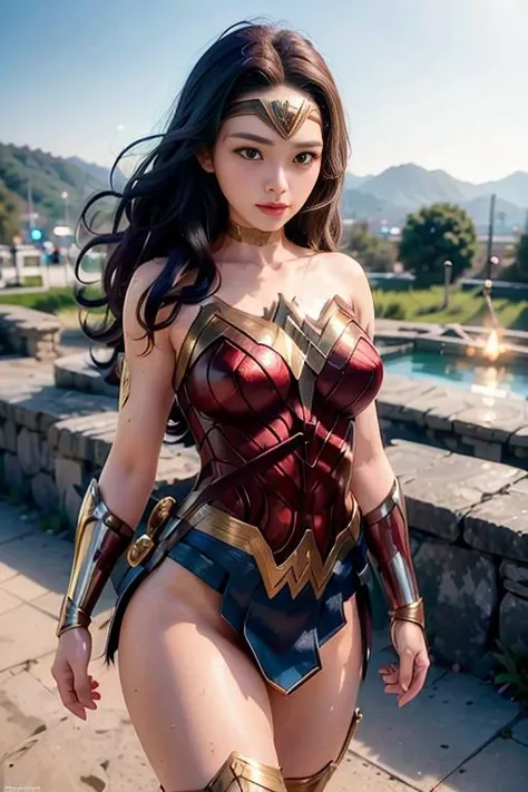 <lora:sung02:0.9>, (wearing wonder_woman_cosplay_outfit:1.2),(black outfit:1.1), in front of a sky, 
good hand,4k, high-res, masterpiece, best quality, head:1.3,((Hasselblad photography)), finely detailed skin, sharp focus, (cinematic lighting), night, soft lighting, dynamic angle, [:(detailed face:1.2):0.2], slender, medium breasts, cleavage,(((destruction))), outside, <lora:wonder_woman_cosplay_outfit:0.4>