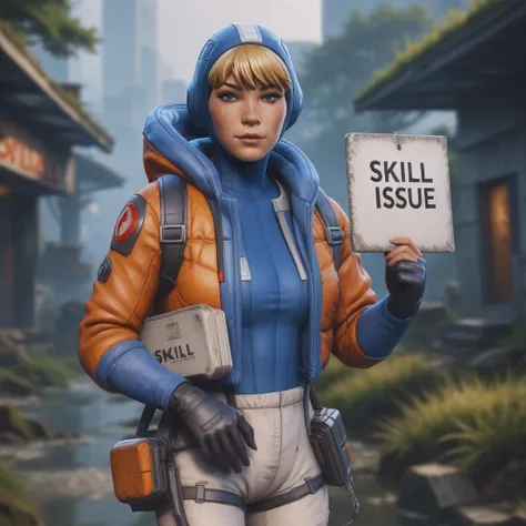 anime artwork, (textured oil painting), closeup, a cinematic surrealistic stylized painting of wattson (apex legends) woman (holding a sign with the words "skill issue" on it:1.7), in abandoned overgrown city, the ground is a mosaic of grass and water, dreamy, taken on a hasselblad medium format camera, bokeh, cinemascope, vignette, (subject in center looking forward, symmetrical:1.4), dramatic lighting, night time, volumetric lighting, (hazy atmosphere:1.5), blue cool light, cold, outside, <lora:Watts0n:0.63>
