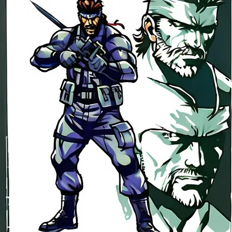 shinkawa youji, metal gear solid, solid snake, full body, knife, pistol, 1boy, old, facial hair, grey beard, bandana, gradient, retro artstyle, ((masterpiece)), <lora:yojiShinkawaStyle_offset:0.7> <lora:solidsnake-nvwls-v1-final:0.8>