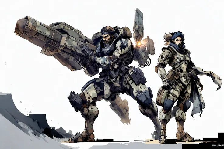 1boy, beard, soldier, head scarf, in a big bulky futuristic armor in the desert, camouflage, battlefield, ww2, dynamic pose, rocket propulsion
complex background
shinkawa youji
((masterpiece)), ( ink, watercolor painting )
<lora:shinkawa_youji_offset:1> <lora:ParrleyFLEX:0.8>