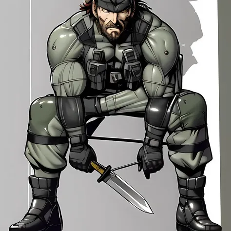 shinkawa youji, detailed face, detailed body, absurdres, 4k, metal gear solid, solid snake, full body, knife, pistol, 1boy, old, facial hair, grey beard, bandana, (masterpiece:1.4), <lora:yojiShinkawaStyle_offset:0.3> <lora:solidsnake-nvwls-v1-final:0.9>