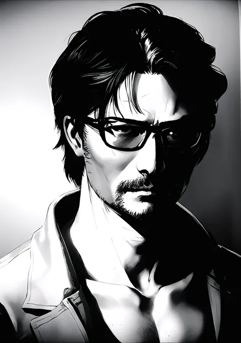 masterpiece, award-winning, perfect image, perfect face, (sfw), a face-focus photo of Hideo Kojima in the style of Yoji Shinkawa <lora:Style-ShinkawaYoji:0.9> <lora:Character-HideoKojima:0.6>