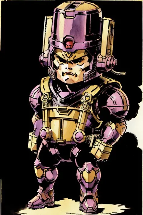 <lora:shinkawa_youji_offset:1>,  shinkawa youji, retro artstyle, (masterpiece), watercolor, enormous floating head in armor, small arms, small legs, future, MODOK