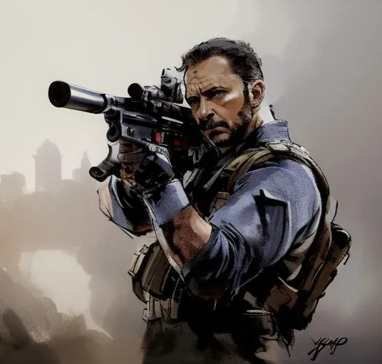 masterpiece, best quality,
a soldier, aiming a rifle,john price, watch,blue shirt,black gloves, <lora:yojiShinkawaStyle_offset:1> shinkawa youji,  simple background,