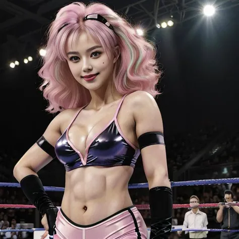 wide shot, (a __haircolor__ __hairstyle__ extremely cute 20 years old professional wrestler girl in a professional wrestling arena, confidence smile, sweet and cute design professional wrestling outfit, navel, toned body, slim face, long nose, (clear eyes)), facing a brutal male villain,  OverallDetail, <lora:shinkawa_youji_offset:1>, shinkawa youji