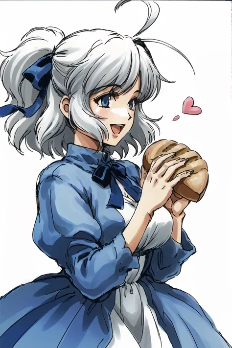 (shinkawa youji:1.3), portrait, side profile, retro artstyle, gradient, (1girl, solo focus:1.4), (Accurate five-fingered hands:1.4), (white hair:1.5), medium hair, blue hair bow, (heart ahoge:1.3), blue ribbon, hair ribbon, (white dress:1.3), hair ornament, blue eyes, medium breasts, mother, loving gaze, smile, (holding bread:1.3), :D, <lora:yojiShinkawaStyle_offset:0.7>