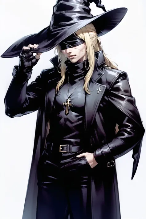 shinkawa youji, monochrome, portrait, side profile, (1boy, solo focus:1.4), (Accurate five-fingered hands:1.2), masculine, (blonde hair:1.3), flat chest, (long hair:1.4), sephiroth hair, (blindfold:1.1), (turtleneck:1.4), (white trench coat:1.2), (cross necklace:1.2), cross, ((oversized witch hat:1.5)), (hands in pockets:1.3), <lora:yojiShinkawaStyle_offset:0.8>