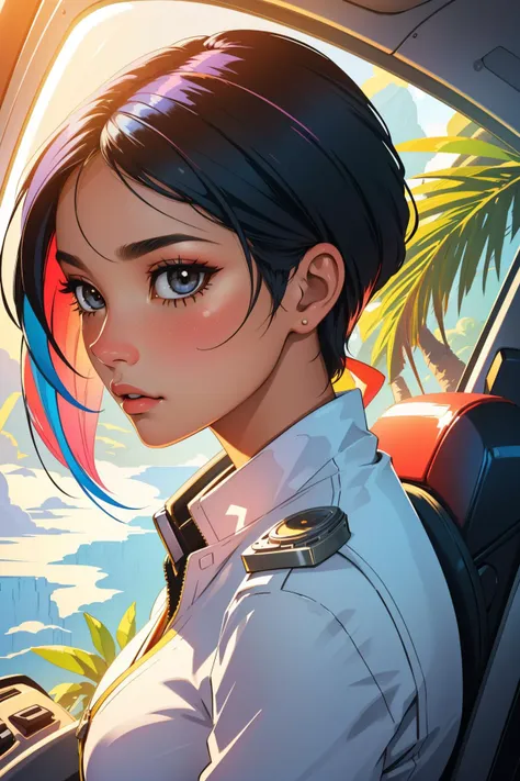 1girl, colorful Fractal, stylized, rear angle of a small [Baroque|Congolese] (Female Pilot:1.3) , the Pilot is very Asymmetrical and Freelance, she has Asian hair, simple White background, lush jungle and fauna, Foggy, split diopter, Maximalist, Cosy, K-pop, Sun Rays, Low shutter, three colors, Crepuscular Rays, bloom, highly detailed face, natural skin tones, Concept Art World, artstation, (figurativism art by Esther Rolick:1.1) , (William Turner:1.3) , goth, flora