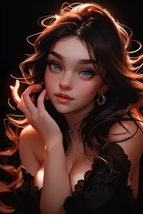 Studio Lighting,(Vibrant colors),(Soft moody lighting),(Sharp Focus), stunning face, confident and provocative smile,Mysterious atmosphere,Dark cave background, Big Tits, Decorative equipment,Fierce and powerful stance,Shining Jewelry,Dramatic lighting to accentuate facial features,Subtle makeup,Nighttime Settings,Faint moonlight shining in the background illuminates the scene.、masterpiece, 最high quality, high quality, High resolution, ((Pause_random))、((Face close-up))), Face close-up, Dark cave background,((black garter set))、