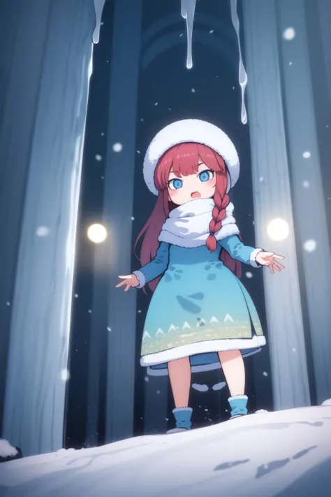 masterpiece, best quality, cha, 1girl, solo, a scene all frozen and full of snow with stalactites