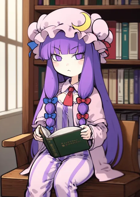 1girl, solo, patchouli knowledge, long hair, sidelocks, mob cap, purple hair, purple eyes, sitting, library, book, pajamas, looking at viewer, :\< <lora:artist-chahan:1>