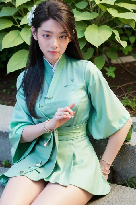 (photo-realistic,ultra realistic 8k CG:1.2),perfect artwork,delicate pattern, (best quality,intricate detail,extremely intricate:1.2),70mm telephoto lens, perfect lighting,detailed lighting,dramatic shadows,ray tracing,bloom, ------------------------------- (ulzzang6500V),(idol),(detailed clothes features),Exquisite Makeup,the pose, (1girl,solo:1.2),woman,girly,bright eyes,(detailed eyes), (very long hair,hair accessories:1.4), ------------------------------- (silk Ribbon in front:1.3),earrings,filigree,detached sleeves,wide sleeves, (armlet:1.2),jewelry, ------------------------------- (horizon,longView,distant,Leaves and plant in front:1.2),simple background, ------------------------------- (pov legs,thighs,Green hanfu top,print top,print skirt,Light green short skirt,hair ornament:1.3), <lora:Sword and Fairy YueQingShu_v1:0.9>
