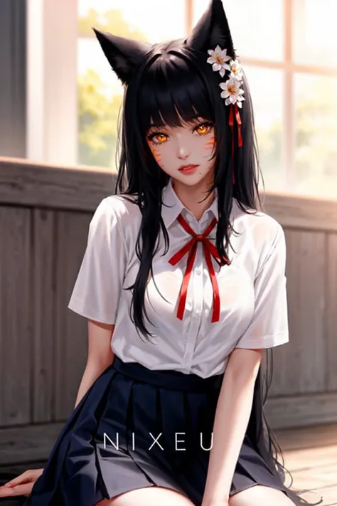 1girl, animal_ears, artist_name, bangs, black_hair, black_skirt, blue_ribbon, blurry, blurry_background, collared_shirt, facial_mark, flower, fox_ears, grey_flower, hair_flower, hair_ornament, highres, league_of_legends, long_hair, looking_at_viewer, neck_ribbon, nixeu, orange_eyes, parted_lips, pleated_skirt, ribbon, shirt, sitting, skirt, solo, teeth, whisker_markings, white_shirt