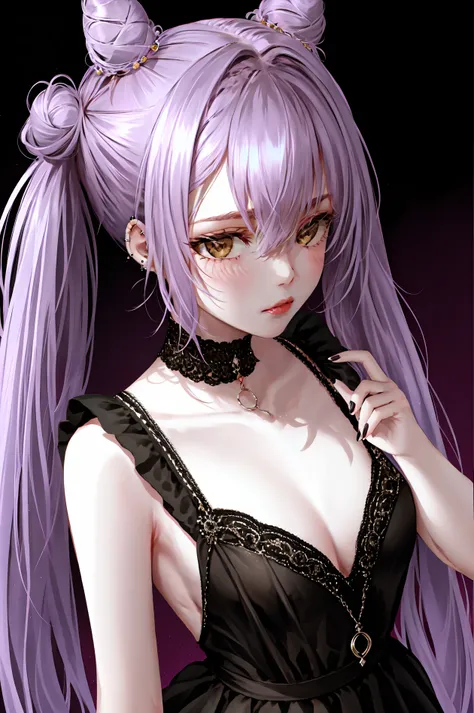 nixeu1girl, alternate costume, artist name, bangs, black dress, blush, cone hair bun, detached collar, detached sleeves, double bun, dress, ear piercing, genshin impact, hair bun, holding, holding hair, jewelry, keqing \(genshin impact\), lips, long hair, looking at viewer, manicure, nail polish, nose, piercing, solo, twintails, <lora:nixeu-epoch-000100:0.6>