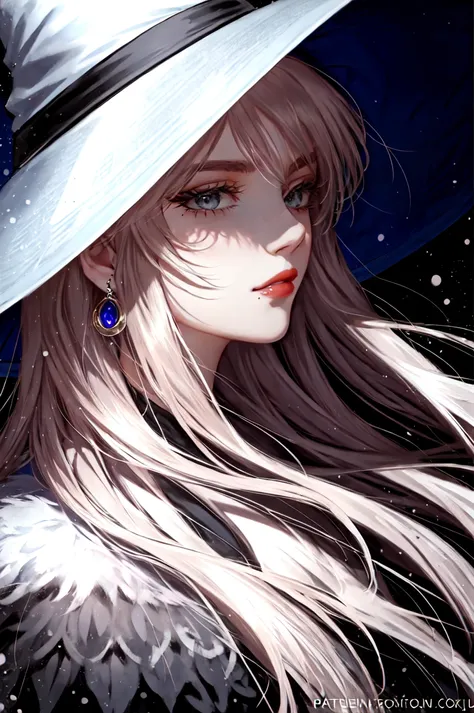 nixeu, 1girl, black background, blonde hair, closed mouth, earrings, fur trim, grey eyes, hat, highres, jewelry, large hat, light particles, long hair, looking at viewer, mixed-language commentary, mole, mole under mouth, nostrils, original, patreon username, red lips, shaded face, shadow, simple background, solo, upper body, witch hat, <lora:nixeu-epoch-000100:0.6>