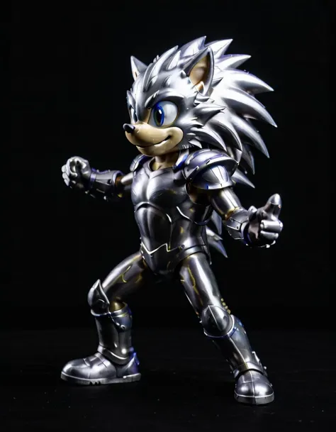 a Brushed steel sonic the hedgehog against a black background