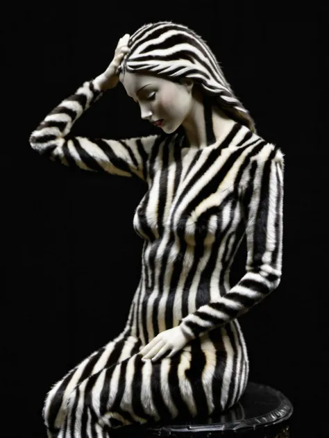 a Zebra fur pattern statue of skinny woman seating, one hand holding head, black background, <lora:textures_pack:0.6>