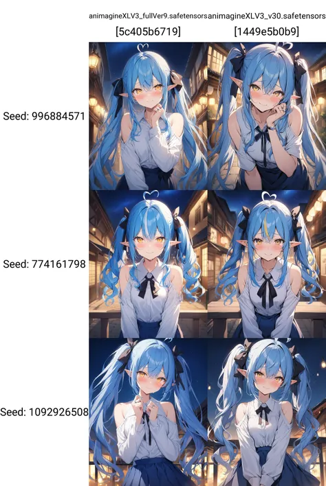 1girl,solo,looking at viewer,blush,smile,bangs,hair between eyes,bare shoulders,twintails,very long hair,closed mouth,blue hair,hair ribbon,yellow eyes,white shirt,hair bow,outdoors,collared shirt,virtual youtuber,tears,blue skirt,streaked hair,black bow,ring,elf,night sky,starry sky,shoulder cutout,heart ahoge,
masterpiece, best quality