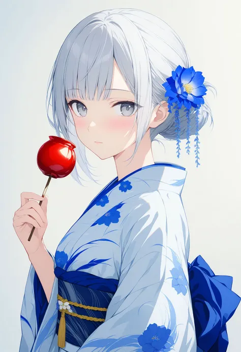 masterpiece, best quality, amazing quality, very aesthetic, extremely beautiful, high-resolution, UHD, anime style, key visual, vibrant, highly detailed, <lora:OH4XLV1:0.6>, <lora:ayaka:0.8>, <lora:20240202-1706856411592:0.5>,
1girl, solo, breasts, looking_at_viewer, blush, short_hair, bangs, hair_ornament, long_sleeves, bow, holding, closed_mouth, upper_body, braid, flower, white_hair, grey_hair, food, japanese_clothes, hair_flower, kimono, hair_bun, from_side, looking_to_the_side, sash, grey_eyes, blue_bow, obi, floral_print, single_hair_bun, holding_food, x_hair_ornament, blue_flower, yukata, white_kimono, blue_kimono, print_kimono, candy_apple, wind_chim