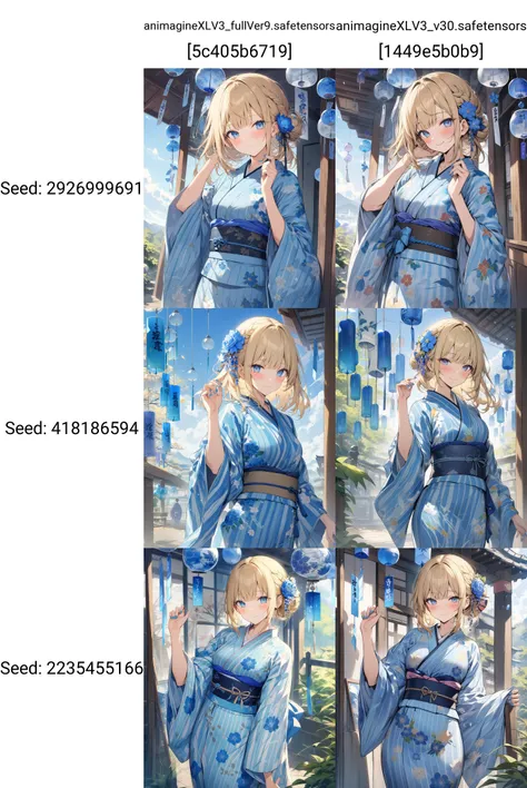 1girl,solo,long hair,looking at viewer,blush,smile,bangs,blue eyes,blonde hair,long sleeves,holding,closed mouth,standing,hair bow,cowboy shot,outdoors,day,hand up,hair flower,wide sleeves,medium hair,nail polish,blue bow,obi,floral print,vertical stripes,french braid,blue nails,blue flower,yukata,blue kimono,print kimono,wind chime,striped kimono,masterpiece
masterpiece, best quality