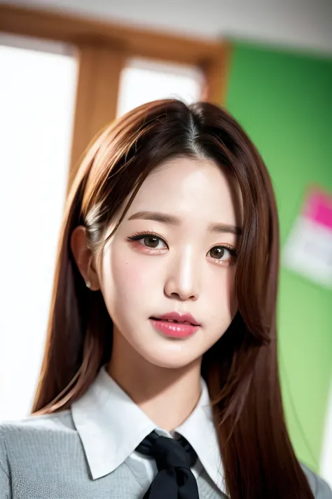 hyper realistic, Nikon RAW photo, 8k, Fujifilm XT3, lifelike texture, dramatic lighting, (best quality:1.1), (close-up portrait:1.2), photorealistic, ultra detailed, extremely detailed face, solo, 1girl, depth of field, lifelike, white collared shirt, gray tight line miniskirt, looking at viewer, smiling, cute, classroom, window, serious expression, ivewonyoung, <lora:iveWonyoung_iveWonyoungV1:0.2>, <lora:iveQueenWonyoung_iveWonyoungV2:0.8>