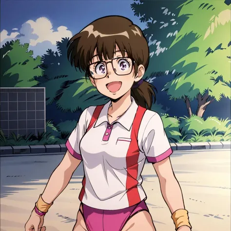 masterpiece,high quality,solo,outdoors,
<lora:kimikohiguchi001:0.7>,looking at viewer,smile,open mouth,
kimikohiguchi,1girl,
short ponytail,low ponytail,medium hair,brown hair,blunt bangs,glasses,sidelocks,purple eyes,kuroko under the eyes,
short sleeves,leotard under clothes,
wristband,