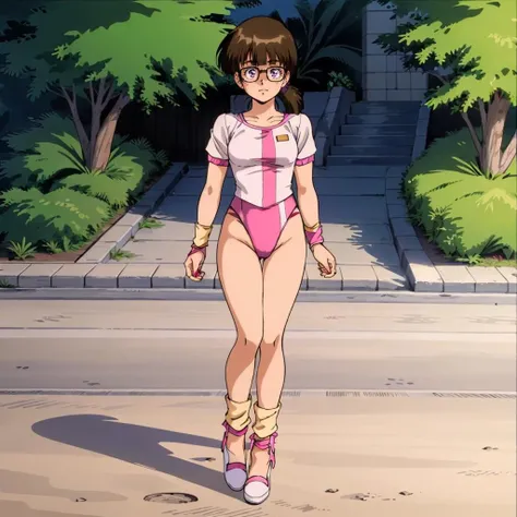masterpiece,high quality,solo,outdoors,
<lora:kimikohiguchi001:0.7>,looking at viewer,
kimikohiguchi,1girl,
short ponytail,low ponytail,medium hair,brown hair,blunt bangs,glasses,sidelocks,purple eyes,
short sleeves,pink leotard under clothes,
wristband,
leg warmers,shoes,