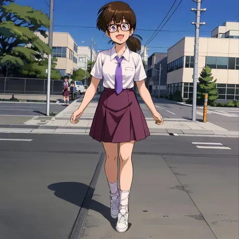 masterpiece,high quality,solo,outdoors,
<lora:kimikohiguchi001:0.7>,looking at viewer,smile,open mouth,
kimikohiguchi,1girl,
short ponytail,low ponytail,medium hair,brown hair,blunt bangs,glasses,sidelocks,purple eyes,
school uniform,collared shirt,necktie,
pleated skirt,
socks, sneakers,