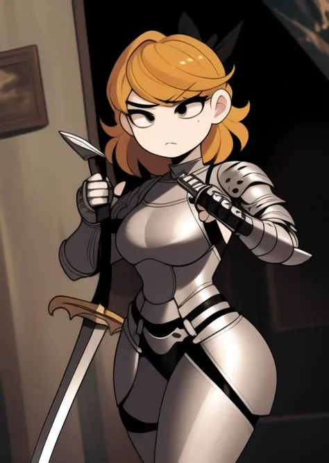 <lora:derpina-09:1> derpina, detailed background, holding sword, wearing female knight body armor, angry, action scene, fire patches, masterpiece, best quality