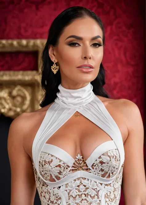glamorous photo of a captivating masterpiece of an woman in a (((white neckholder dress made of silk with turtleneck and cleavage))) ,long earrings, necklace, half body, The intricate lace and gold details exude a very rebellious aura. ((The use of high-shine gloss adds a touch of glamour to the look)), ((while the deep red and black hues give it a dramatic vibe)), dark blurred background, studio ligthing, facing camera, shallow depth of field, <lora:MS_VenusValencia_V1_SDXL:0.8>, high fashion, luxurious, extravagant, stylish, sensual, opulent, elegance, stunning beauty, professional, high contrast, detailed,