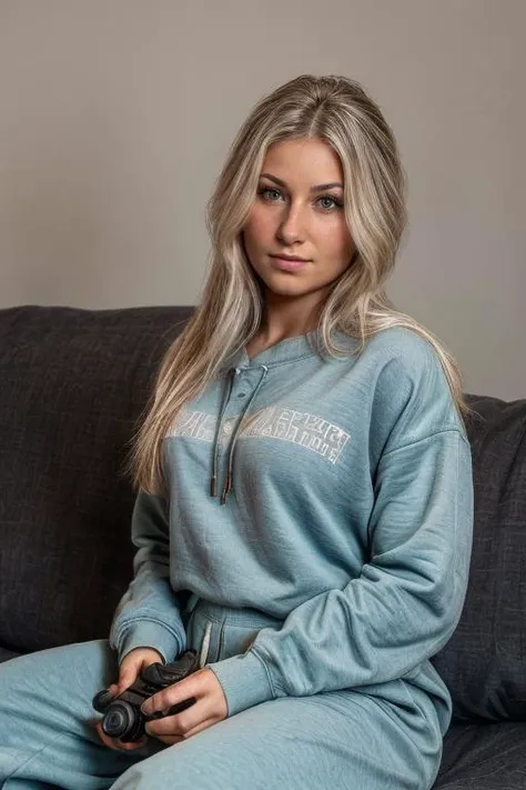 20 years old blonde woman, eBlue eyes, Selfie on the sofa, Low light, is in night, Large of breast, Real girls, Portrait of Mikaela Demet, Portrait of Evie Decker, Fits the body, Body color, track suit, Short shorts, unzipped