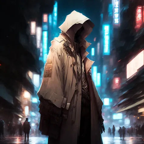 anime, Cyber Hacker Man standing, wearing Trenchcoat in the Streets of Hong Kong (CyberHacker style:1) <lora:djzCyberHacker:0.8>
