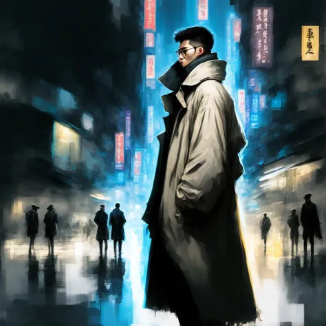 photo, Cyber Hacker Man standing, wearing Trenchcoat in the Streets of Hong Kong (CyberHacker style:1) <lora:djzCyberHacker:0.8>