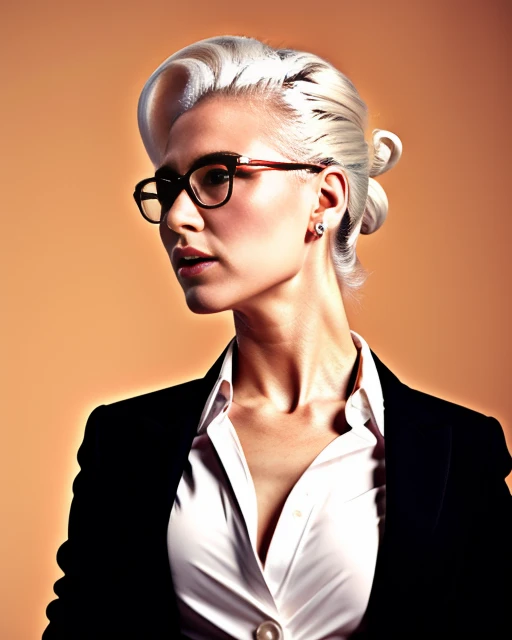 masterpiece,best quality,highly detailed,office lady,white hair,hair bun,collarbone, messy hair, black suit,messy hair,wallpaper,chin rest,glasses,solo,cold,