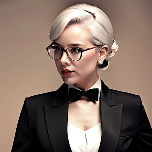 masterpiece,best quality,highly detailed,office lady,white hair,hair bun,collarbone, messy hair, black suit,messy hair,wallpaper,chin rest,glasses,solo,cold,