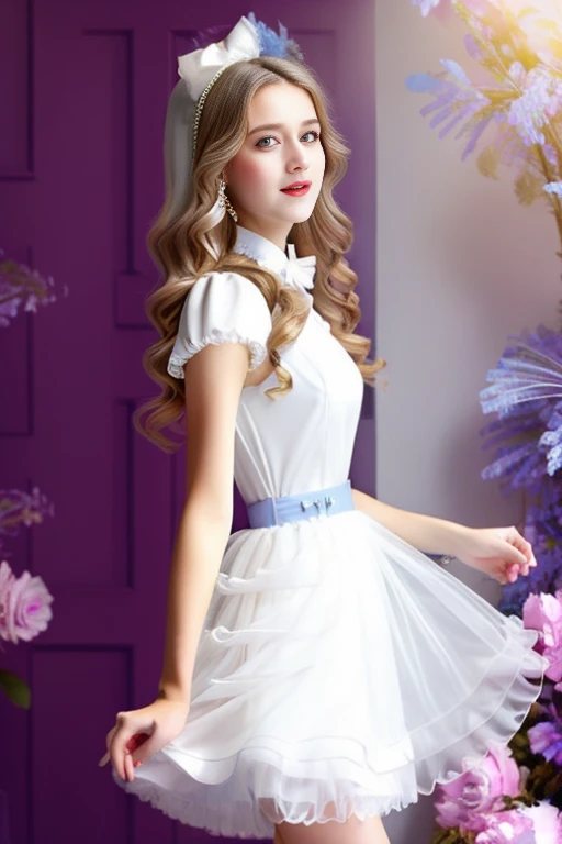 {{masterpiece}},{best quality},{the alice in wonderland},{solo},1girl,{stading},{full body},{{delicate face}},white hair bow,blonde_hair,vely long hair,blunt_bangs,floating hair,{looking_at_viewer},blue eyes,beautiful detailed eyes,{white_frilled_dress},{{white pantyhose}}, puffy sleeves,skirt pleats,blue dress bow,{{rose}},delicate details,