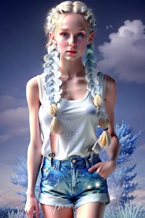 {masterpiece}, best quality, illustration, single,{1girl},{beautiful detailed eyes}, beautiful detailed stars, beautiful detailed galaxy, beautiful detailed sky, beautiful detailed water, beautiful ,{shorts}, cinematic lighting, blue eyes , silver hair ,white uniform,{{blue plaid bow}},long sleeves, long hair, {{white dungarees}} ,{agoge}, braided ponytail, bright eyes, light smile,{star in eyes},{sparkling anime eyes},blue collar, blighting stars ,,
