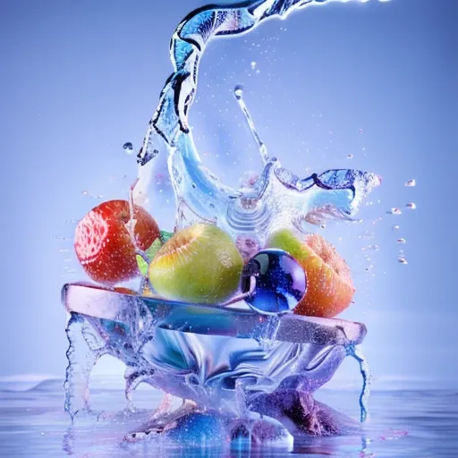 hyper realistic fruit, water flowing , motion, crystals, studio lighiting