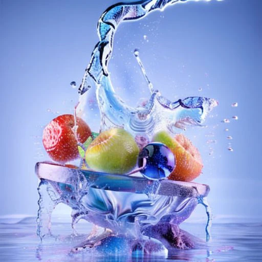 hyper realistic fruit, water flowing , motion, crystals, studio lighiting