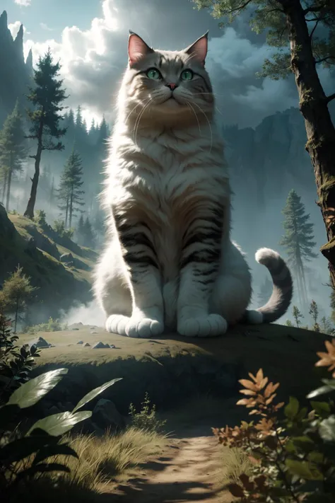screenshot from a video game, (style of elden ring:1.2), oversized cat, cliff, mist, forest, clouds,  <lora:md_20230912225623:0.5>