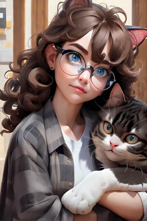 <lora:bzl:0.8>, <lora:giantcats:0.7>, 1girl, bzl_test, oversized cat, glasses, flannel shirt, (blue|grey) eyes, curly brown hair, black cat, <clip:skip:2> || hair, skin, fur, flannel, masterpiece, 8k, high resolution, shallow depth of field, sharp focus