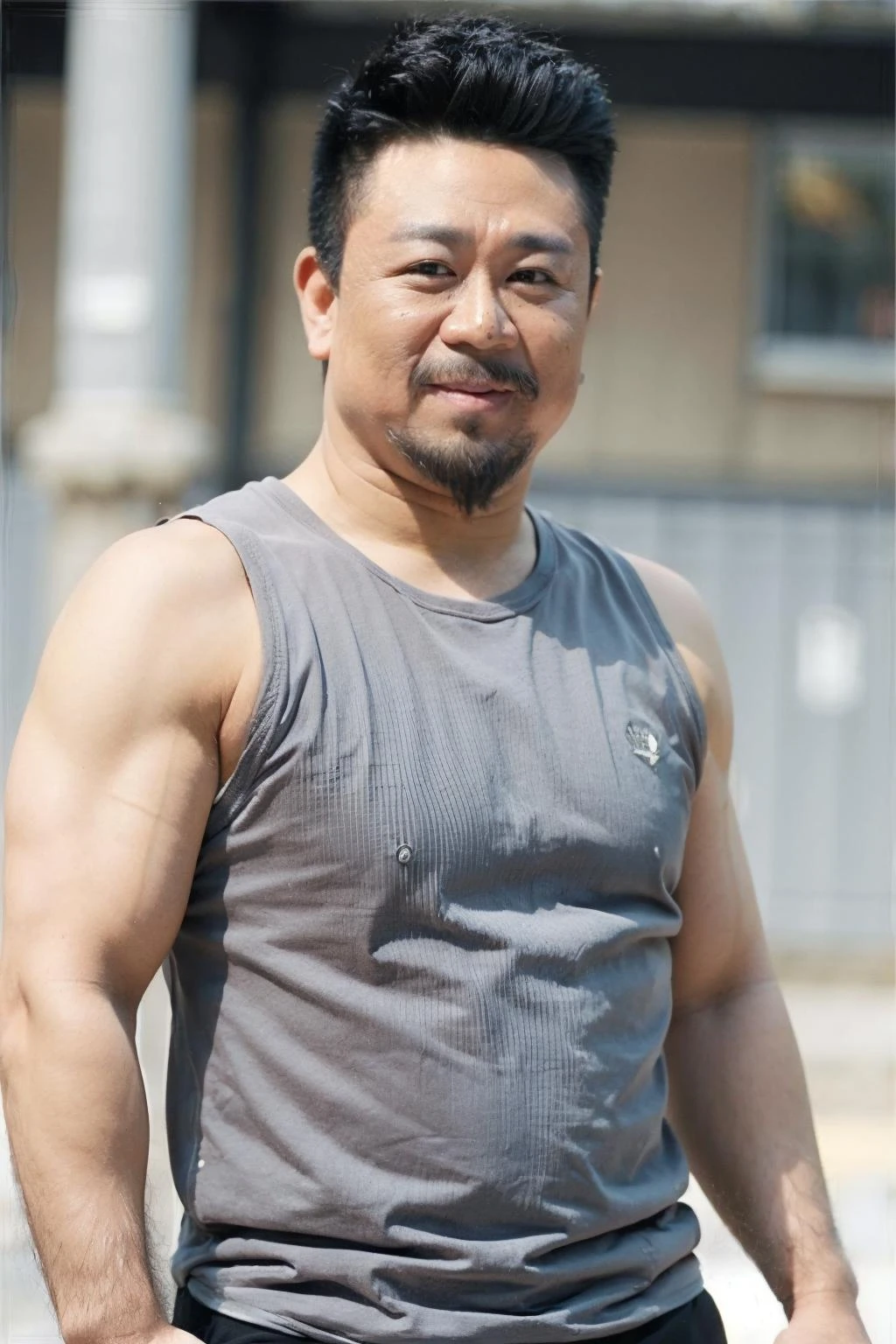 1boy,building,facial_hair,mustache,beard,upper_body,looking_at_viewer,front view,freckles,<lora:drjv1:0.7>,<lora:FilmVelvia3:0.5>,smile,narrow one's eyes,(muscular:1.2),bodybuilding competition,(men's tank top:1.2),
