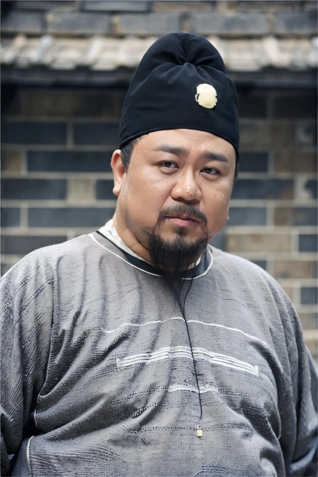 1boy,building,facial_hair,mustache,beard,upper_body,looking_at_viewer,front view,embroidery,dark colored clothing,freckles,hat,(fat:1),<lora:drjv1:0.8>,<lora:FilmVelvia3:0.5>,