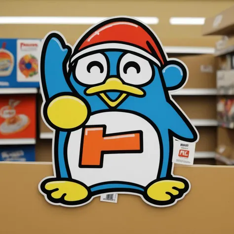 A cutout of a penguin designed in a bold, outlined style. The penguin should be cheerful and eye-catching, designed to attract attention to a product on a store shelf. The outline should be thick enough to make the penguin stand out, but not so thick that it overwhelms the design. The penguin could be in a playful pose, perhaps waving or holding a small sign that says 'Pick Me!' The colors should be vibrant but not overly bright, suitable for attracting both children and adults. The cutout should be of a size that it fits comfortably on a standard retail shelf without obstructing other products,<lora:donpen:0.65>