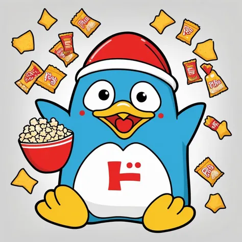 A cartoon-style penguin that exudes happiness and joy. The penguin should have a big, cheerful smile on its face and its eyes should sparkle with delight. On its belly, there should be a clearly visible letter 'D.' The penguin is in the midst of a snack feast, surrounded by various types of snacks like chips, popcorn, and candy. The penguin could be holding a snack in one flipper and perhaps reaching for another with the other flipper. The setting can be casual, perhaps in a cozy room or even outdoors at a picnic. The color scheme should be vibrant to match the penguin's joyful demeanor,<lora:donpen:0.55>
