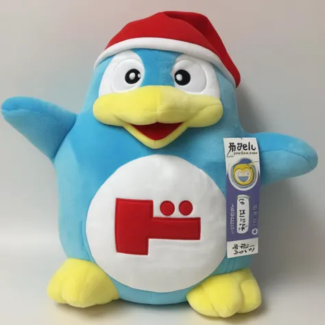 A plush penguin toy that exudes happiness and joy. The penguin should have a cheerful facial expression, perhaps with a big smile and twinkling eyes. Its body should be soft and huggable, made from high-quality plush material. On the penguin's belly, there should be red writing that is clearly legible, perhaps a word or phrase that adds to the toy's cheerful theme. The overall design should be child-friendly and inviting, making it a perfect gift for kids or penguin enthusiasts,<lora:donpen:0.65>