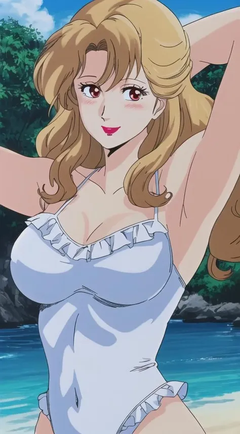 C1tyHunt3er, 1girl, solo, curvy upper body, long wavy blonde hair, looking at viewer, white frilly swimsuit, red lipstick, smiling, arms raised behind head, blushing, outdoors, beach, perfect quality, good quality, masterpiece, HDR, UHD <lora:C1tyHunt3erStyle:1>