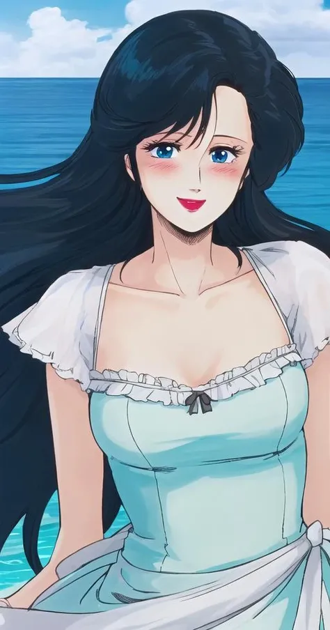 C1tyHunt3er, 1girl, solo, upper body, long aqua hair, blue eyes, blush, frilly dress, smile, lipstick, happy expression, ocean in background, perfect quality, good quality, masterpiece, HDR, UHD <lora:C1tyHunt3erStyle:1>